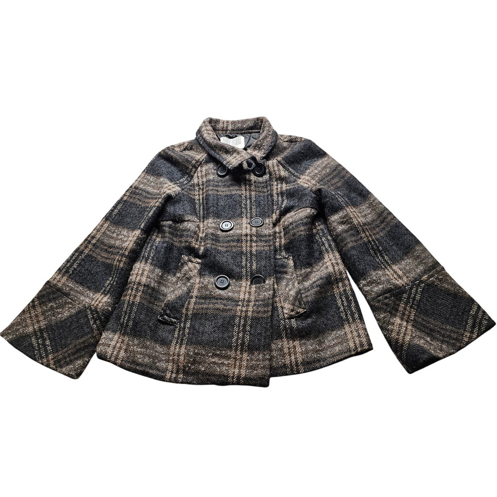 Miss Lili Plaid Pea Coat Womens Small Brown Gray Double Breasted Bell Sleeve